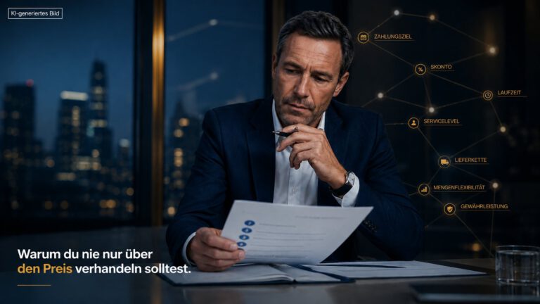 Geschäftsmann prüft ein Dokument mit mehreren Vertragskonditionen wie Zahlungsziel, Skonto und Laufzeit statt nur über den Preis zu verhandeln
